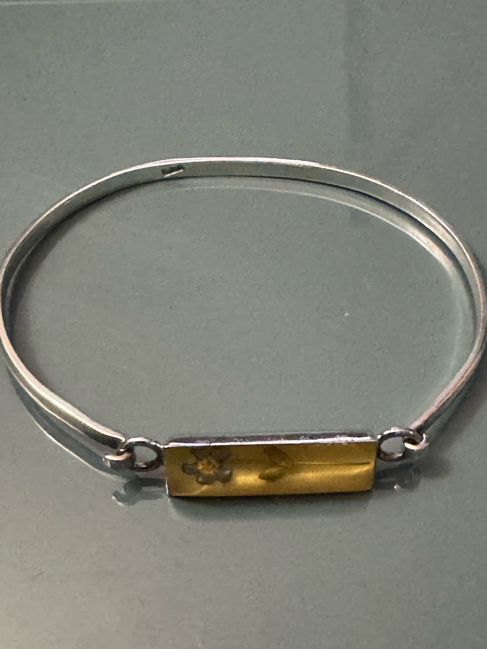 Vintage 925 Sterling Silver Real Pressed Flower Resin Bangle Bracelet
